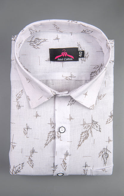 Linen Cotton White with Ash Gray Sketch Leaf Print Men’s Shirt