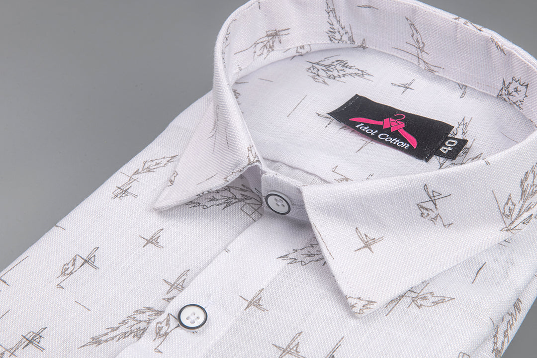 Linen Cotton White with Ash Gray Sketch Leaf Print Men’s Shirt