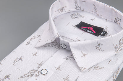 Linen Cotton White with Ash Gray Sketch Leaf Print Men’s Shirt