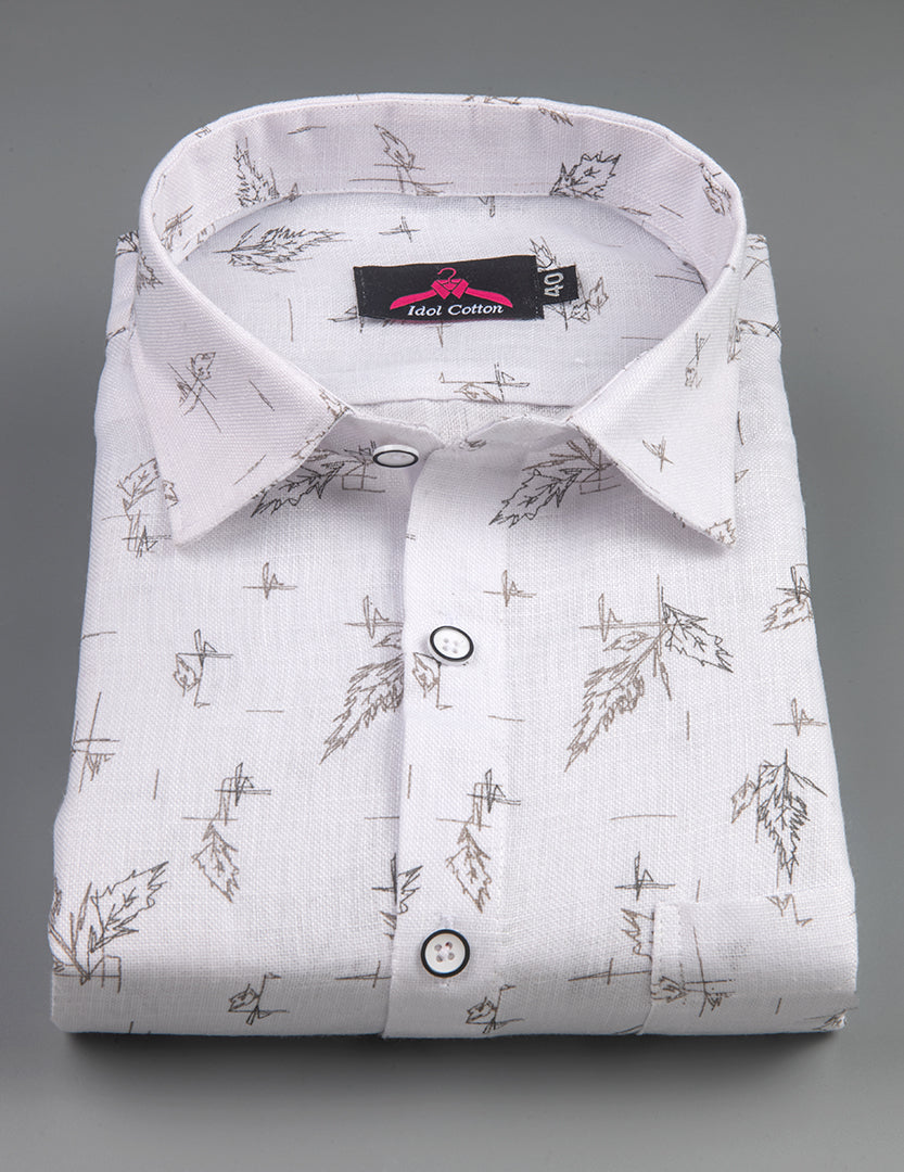 Linen Cotton White with Ash Gray Sketch Leaf Print Men’s Shirt