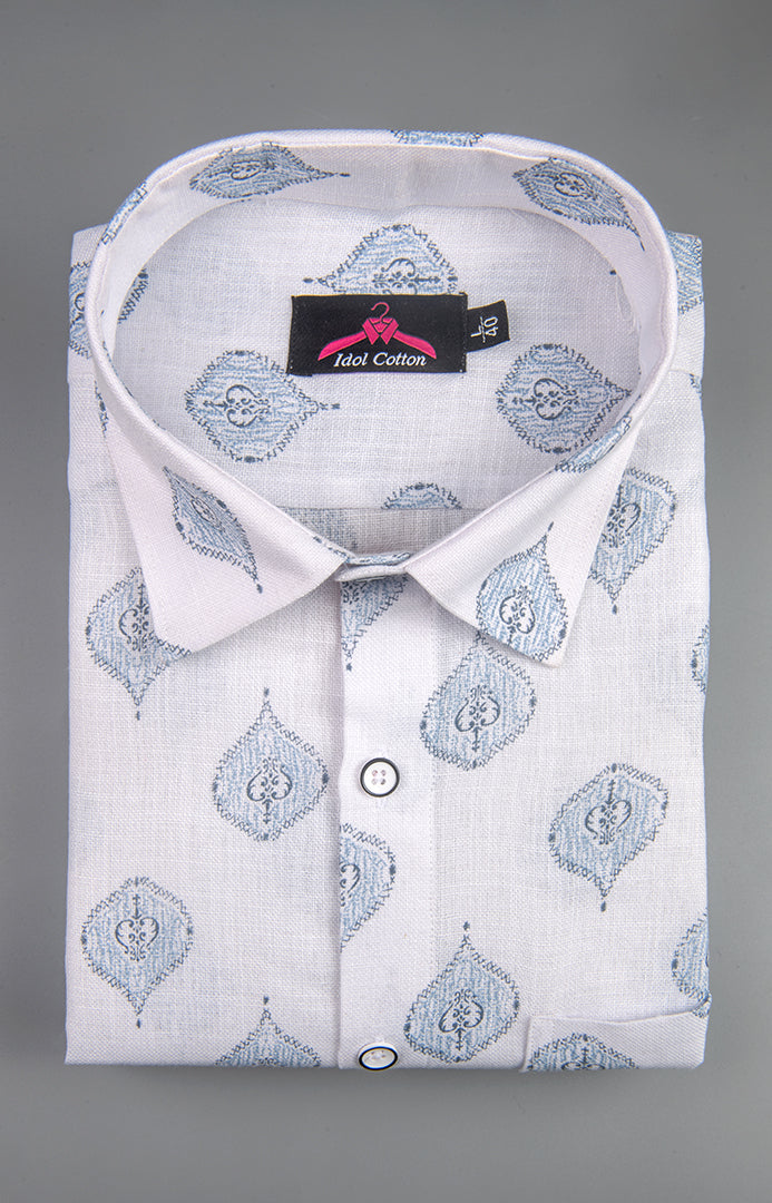 Linen Cotton White with Light Blue Butta Print Men’s Shirt