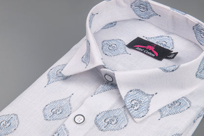 Linen Cotton White with Light Blue Butta Print Men’s Shirt