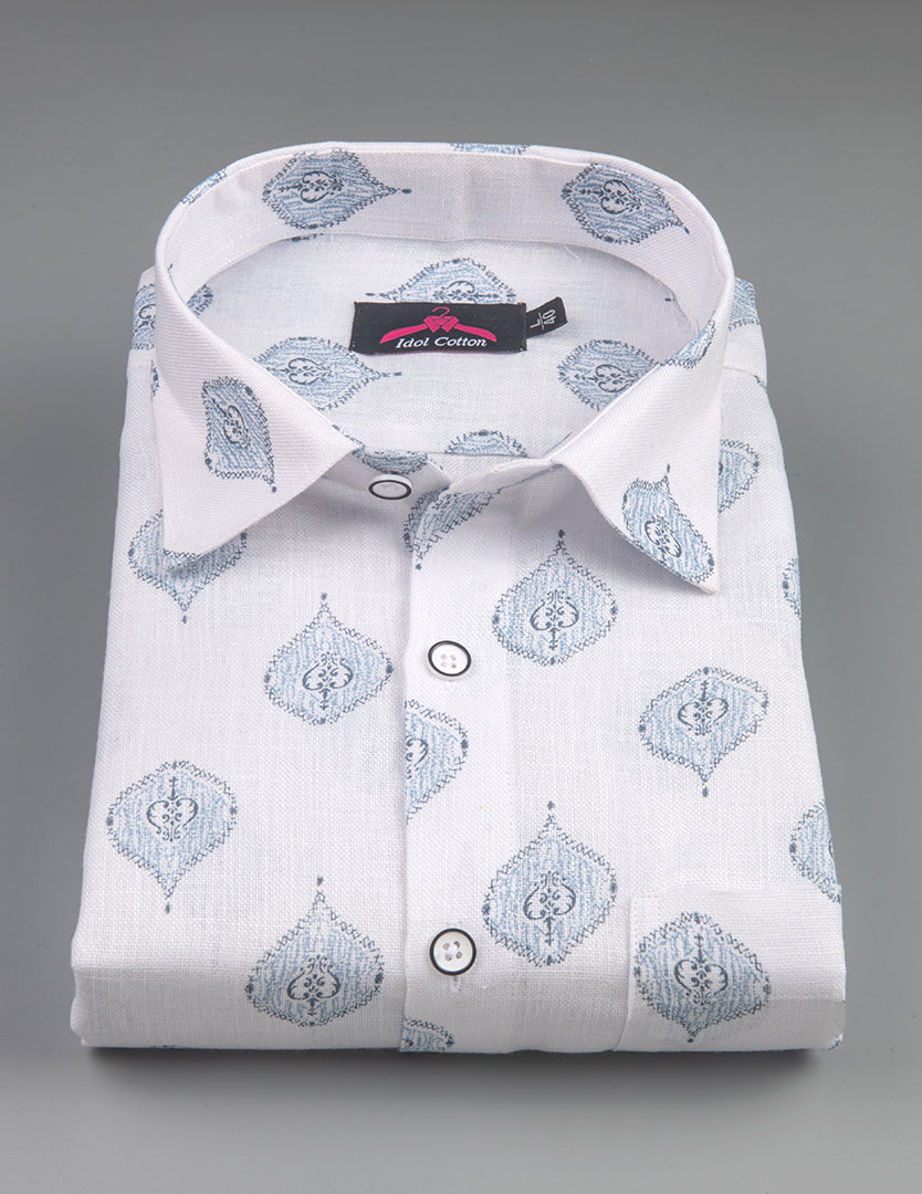 Linen Cotton White with Light Blue Butta Print Men’s Shirt