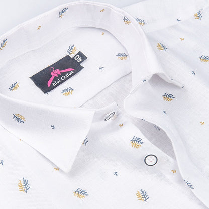 Linen Cotton White with Mustard Yellow & Navy Blue Micro Leaf Print Men’s Shirt