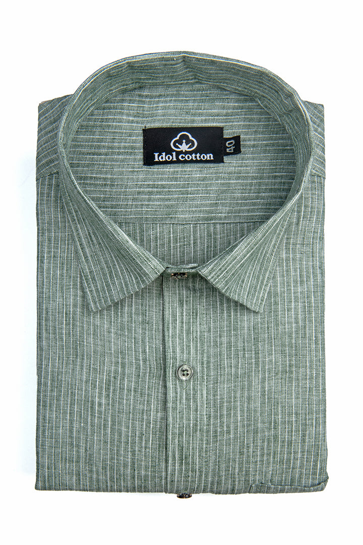 Striped Cotton Formal Shirt Dark Olive Green Color