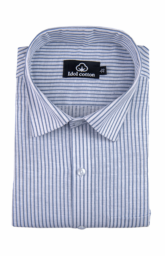 Denim Blue Colour Premium Cotton Shirt with Fine White Stripes