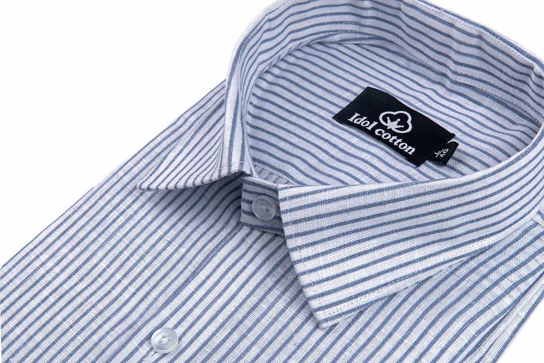 Denim Blue Colour Premium Cotton Shirt with Fine White Stripes