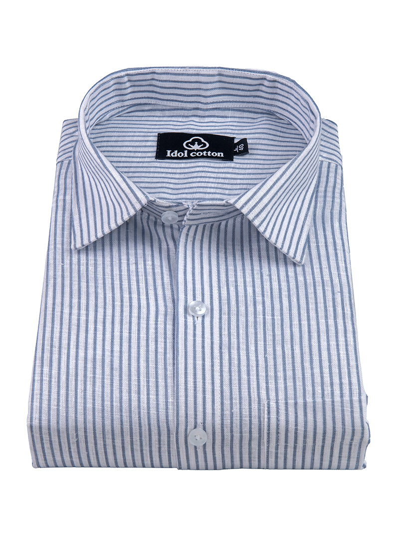 Denim Blue Colour Premium Cotton Shirt with Fine White Stripes