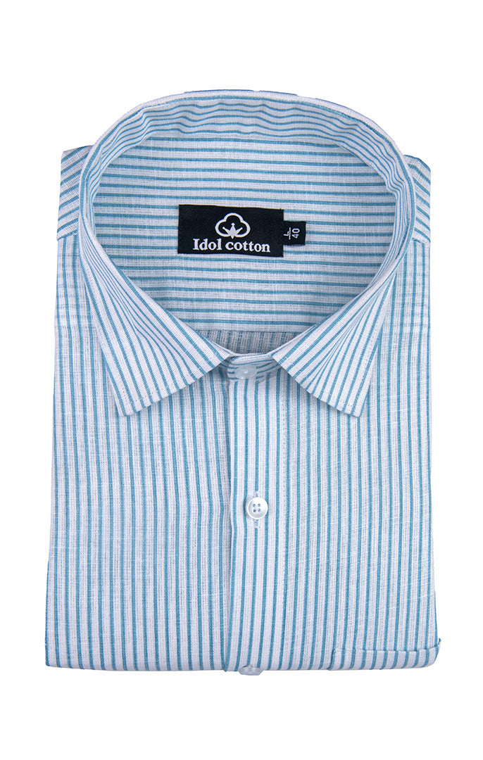 Aqua Blue Colour With White Premium Cotton Stripe Shirt