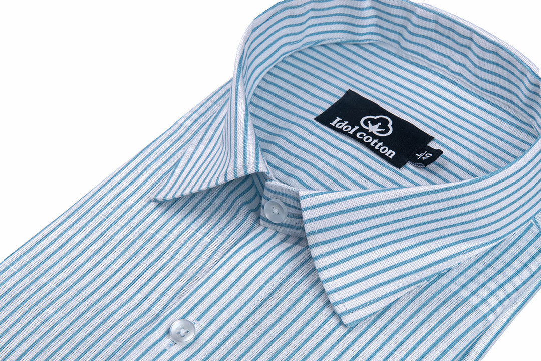 Aqua Blue Colour With White Premium Cotton Stripe Shirt