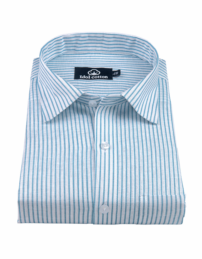 Aqua Blue Colour With White Premium Cotton Stripe Shirt