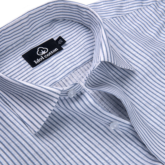 Denim Blue Colour Premium Cotton Shirt with Fine White Stripes
