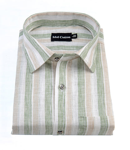 Linen Strip Linen  green With brown