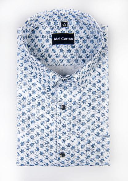 Linen cotton Sapphire print White with blue colour