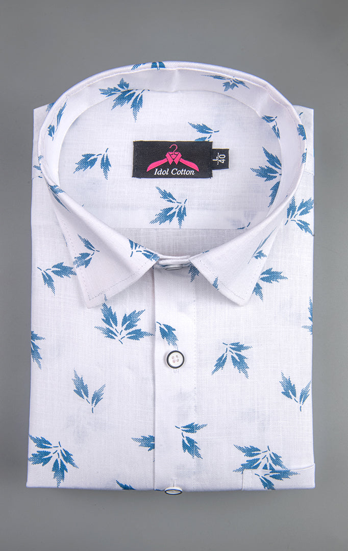 Turkey Linen White with Sky Blue Leaf Print Men’s Shirt