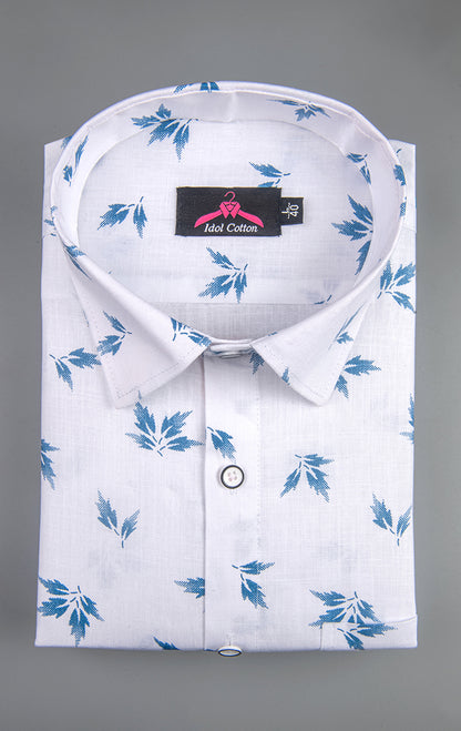 Turkey Linen White with Sky Blue Leaf Print Men’s Shirt