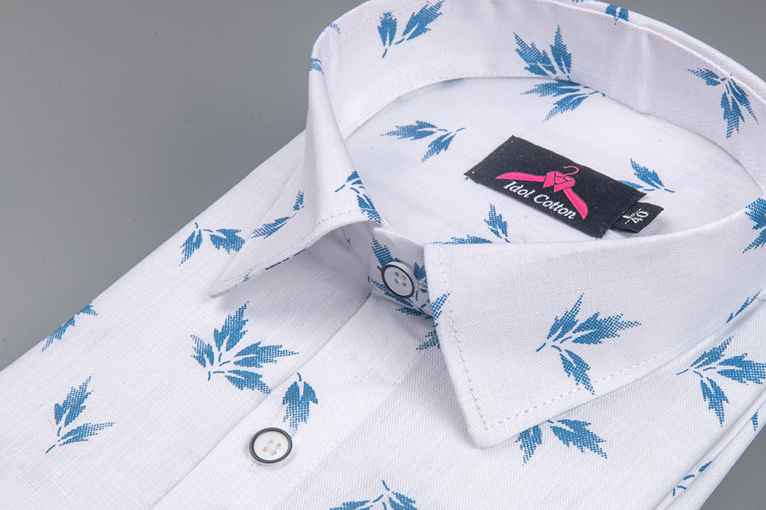 Turkey Linen White with Sky Blue Leaf Print Men’s Shirt
