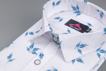 Turkey Linen White with Sky Blue Leaf Print Men’s Shirt