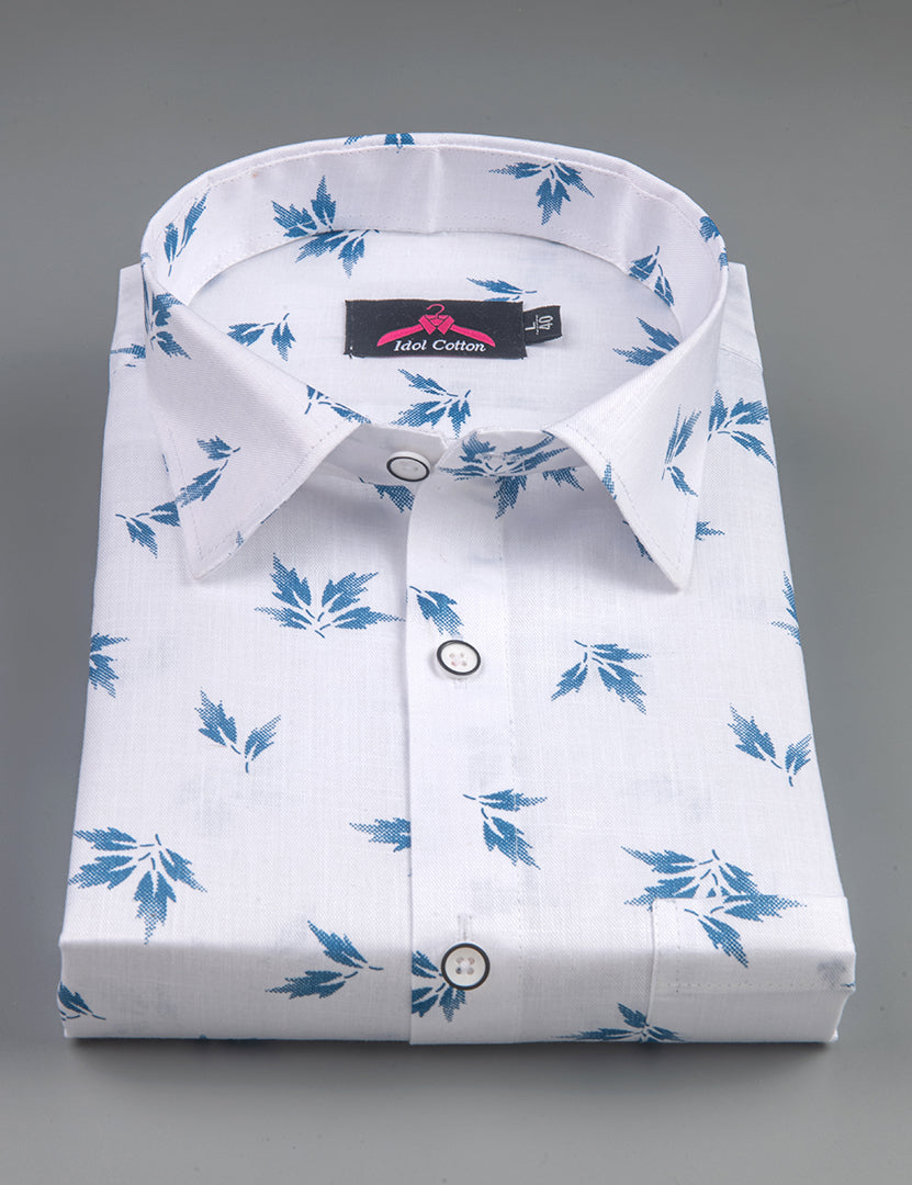 Turkey Linen White with Sky Blue Leaf Print Men’s Shirt