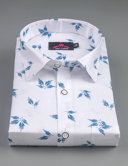 Turkey Linen White with Sky Blue Leaf Print Men’s Shirt