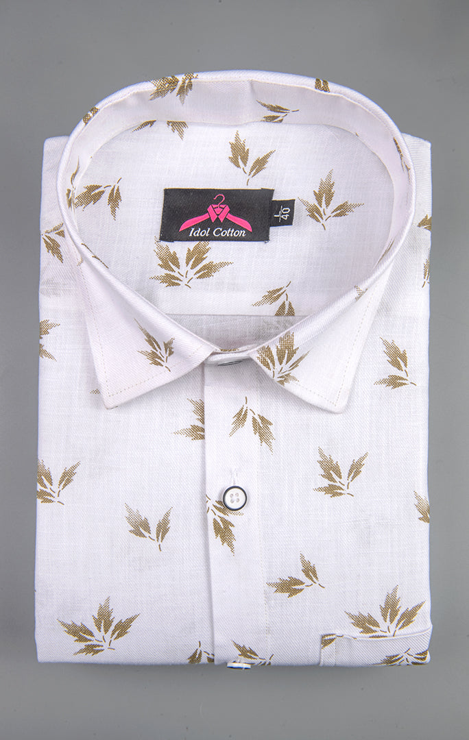 Turkey Linen White with Brown Leaf Print Men’s Shirt