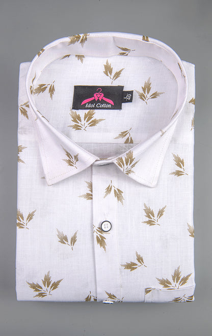 Turkey Linen White with Brown Leaf Print Men’s Shirt