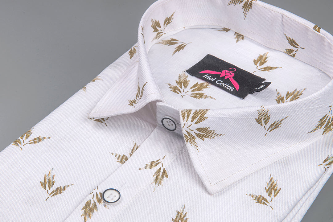 Turkey Linen White with Brown Leaf Print Men’s Shirt