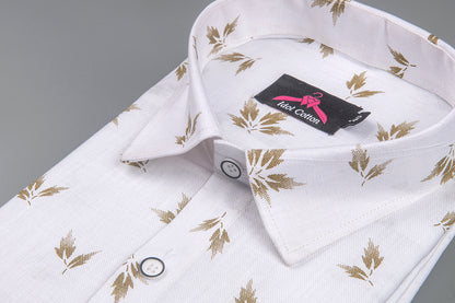 Turkey Linen White with Brown Leaf Print Men’s Shirt