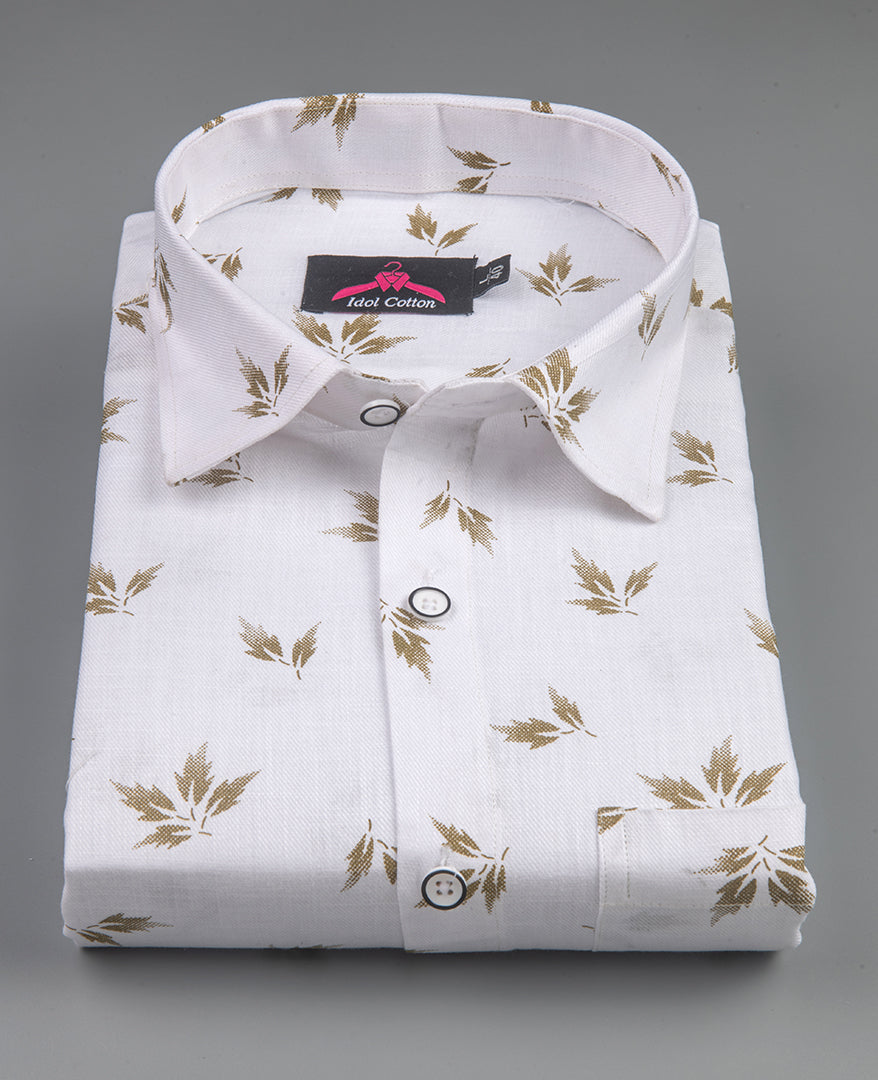 Turkey Linen White with Brown Leaf Print Men’s Shirt