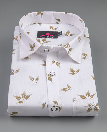 Turkey Linen White with Brown Leaf Print Men’s Shirt