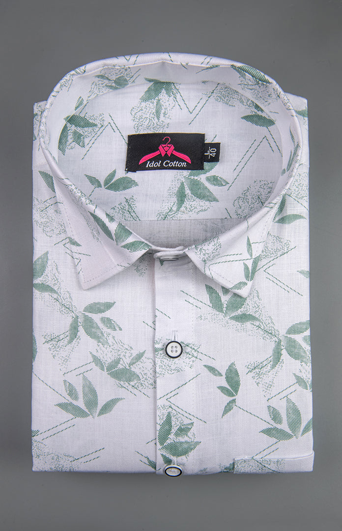 Turkey Linen White with Sage Green Leaf Print Men’s Shirt