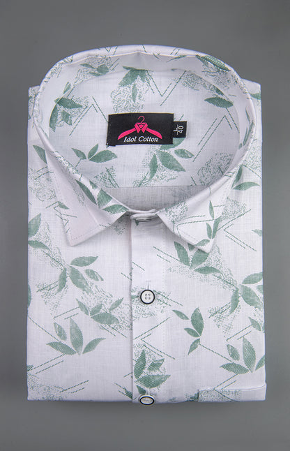 Turkey Linen White with Sage Green Leaf Print Men’s Shirt