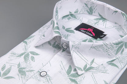 Turkey Linen White with Sage Green Leaf Print Men’s Shirt