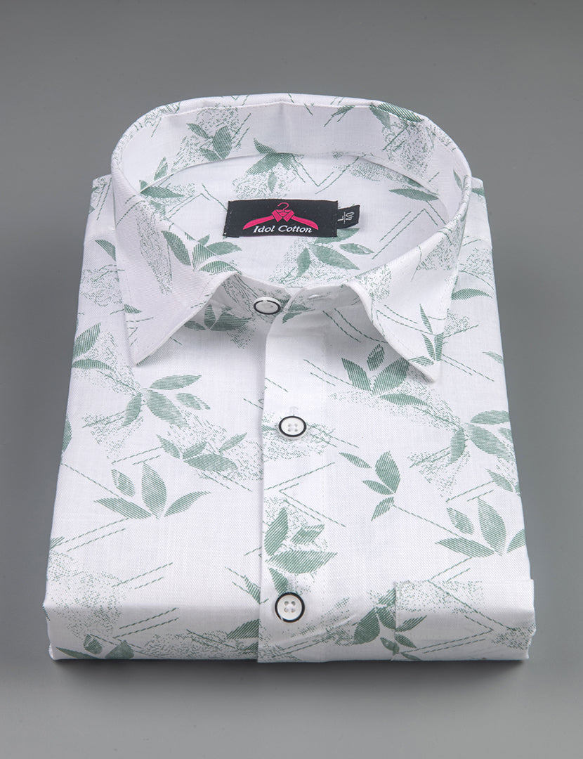 Turkey Linen White with Sage Green Leaf Print Men’s Shirt