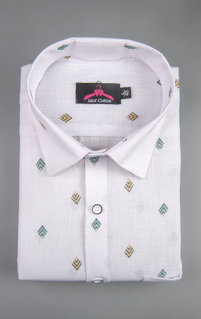 Linen Cotton White with Bottle Green & Mustard Yellow Geometric Micro Print Men’s Shirt