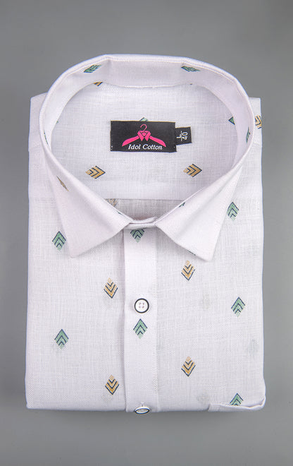 Linen Cotton White with Bottle Green & Mustard Yellow Geometric Micro Print Men’s Shirt