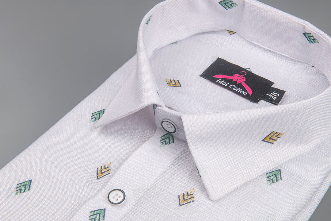 Linen Cotton White with Bottle Green & Mustard Yellow Geometric Micro Print Men’s Shirt