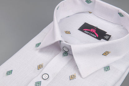 Linen Cotton White with Bottle Green & Mustard Yellow Geometric Micro Print Men’s Shirt