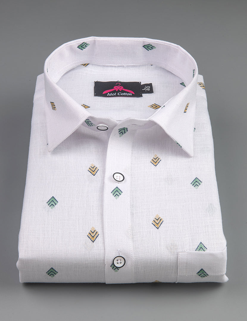 Linen Cotton White with Bottle Green & Mustard Yellow Geometric Micro Print Men’s Shirt
