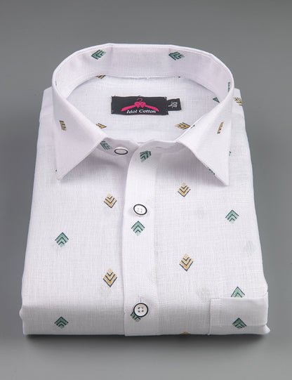 Linen Cotton White with Bottle Green & Mustard Yellow Geometric Micro Print Men’s Shirt