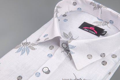Linen Cotton White with Sky Blue & Gray Leaf Dot Print Men’s Shirt