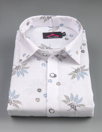 Linen Cotton White with Sky Blue & Gray Leaf Dot Print Men’s Shirt