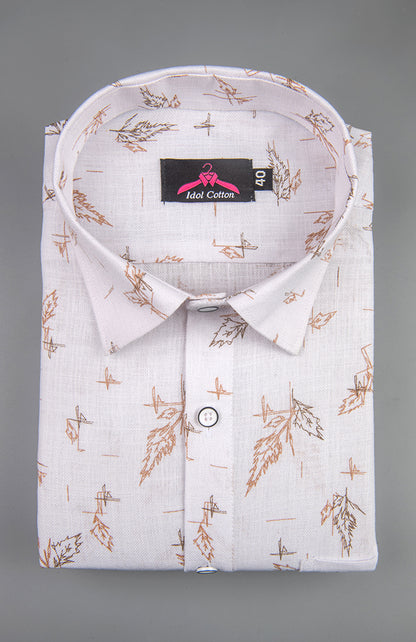 Linen Cotton White with Camel Brown Leaf Sketch Print Men’s Shirt