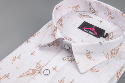 Linen Cotton White with Camel Brown Leaf Sketch Print Men’s Shirt