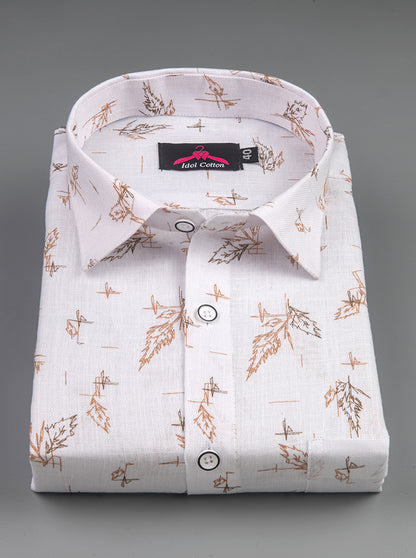 Linen Cotton White with Camel Brown Leaf Sketch Print Men’s Shirt