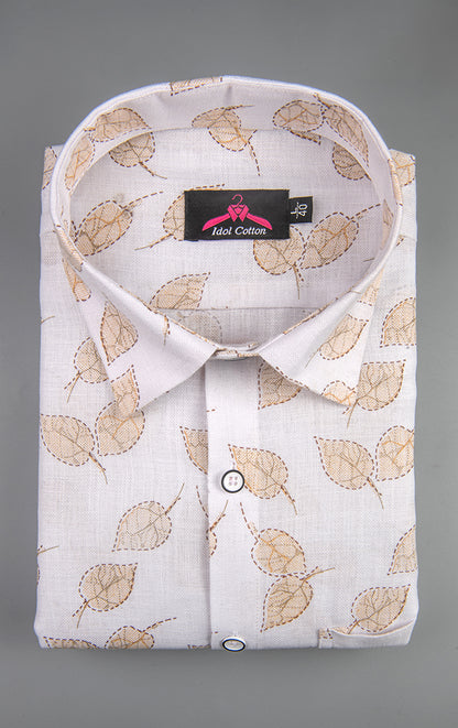 Linen Cotton White with Light Brown Leaf Outline Print Men’s Shirt