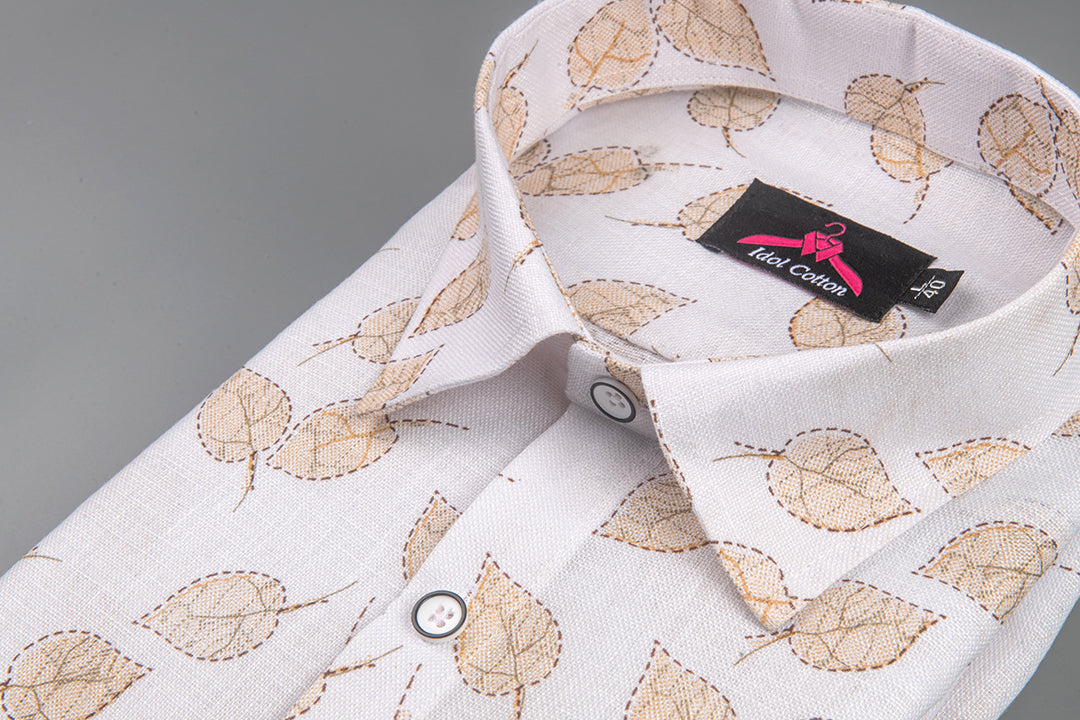 Linen Cotton White with Light Brown Leaf Outline Print Men’s Shirt