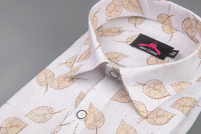 Linen Cotton White with Light Brown Leaf Outline Print Men’s Shirt