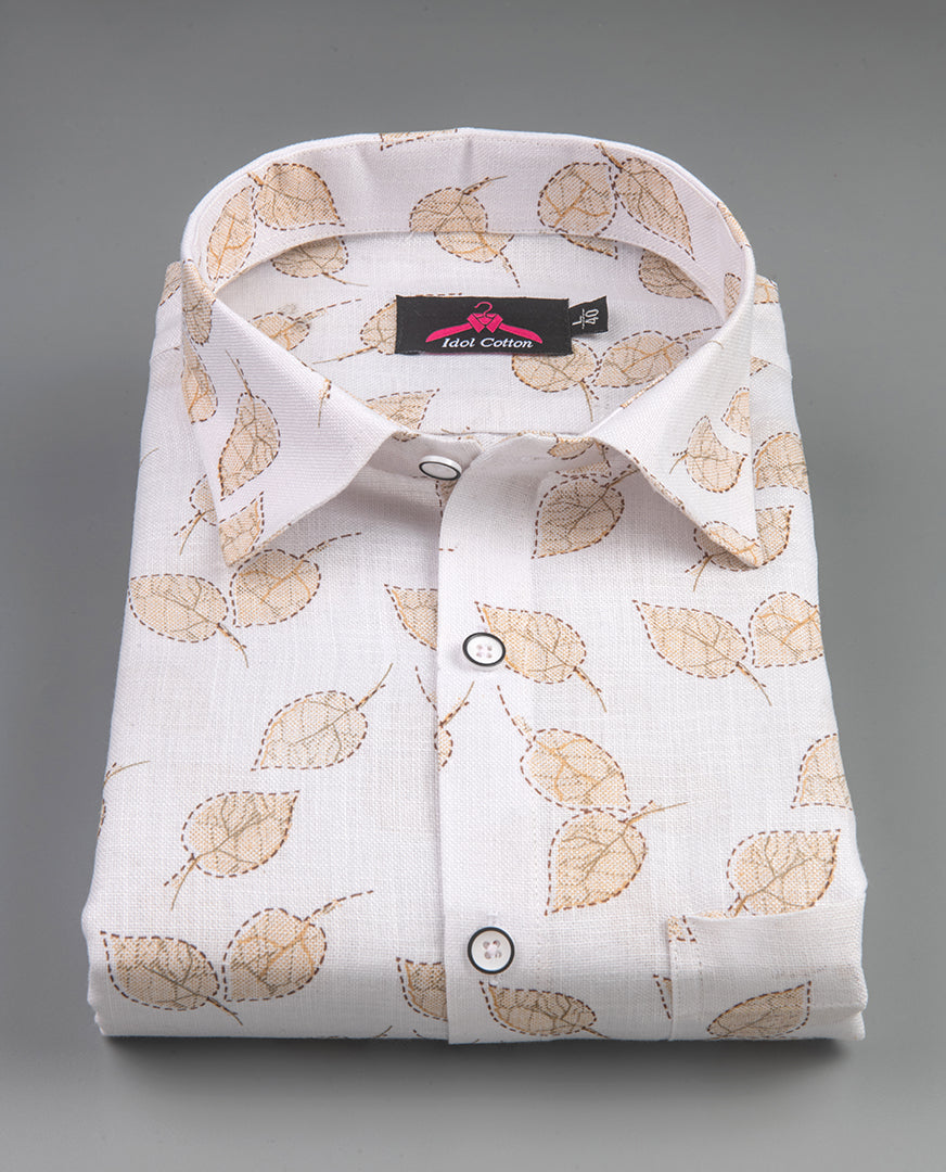 Linen Cotton White with Light Brown Leaf Outline Print Men’s Shirt