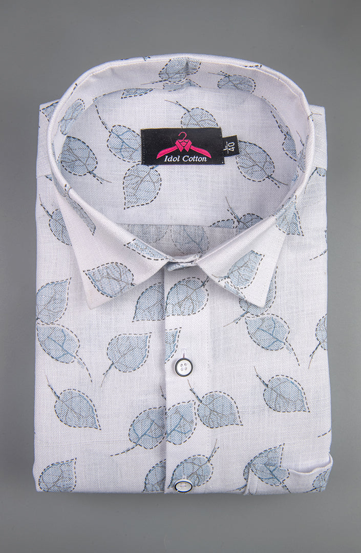 Linen Cotton White with Sky Blue Leaf Outline Print Men’s Shirt
